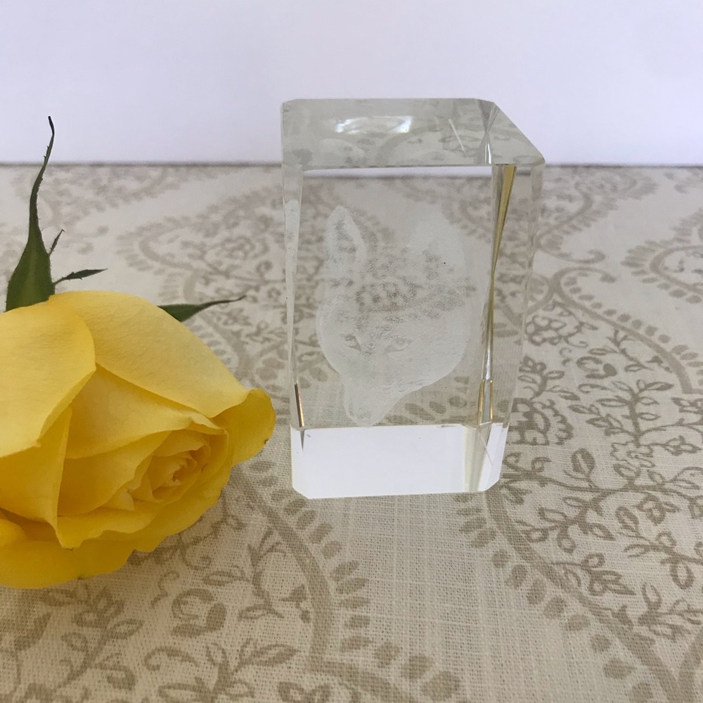 Laser Cut Glass Etched Wolf Paperweight Cube